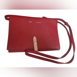 Authentic Celine - Large Strap Wallet in Grained Calfskin Red